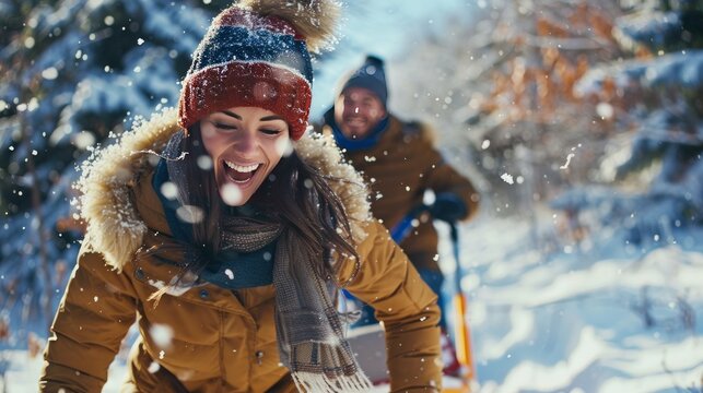 This is a picture of a couple happily climbing a snowy hill while holding a sled.