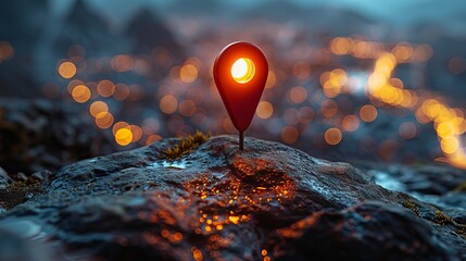 Map pin location button depicted on a rock against a blurred cityscape under a warm light sundown, symbolizing map pointer navigation concept. - obrazy, fototapety, plakaty