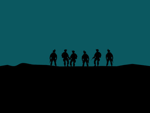 soldiers silhouette on mountain with blue background