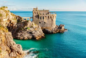 The Amalfi coast of Italy. View of Torre Normanna. The old fortress above the sea