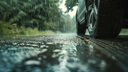 Low angle closeup photo of car tires on road in rainy weather - obrazy, fototapety, plakaty