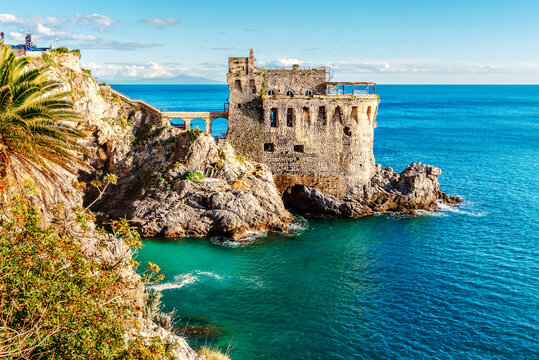 The Amalfi coast of Italy. View of Torre Normanna. The old fortress above the sea
