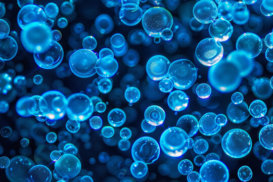 Macro shot of cartilage cells shimmering in electric blue against dark medium, isolated on a white background