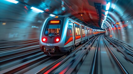 Motion blur captures the movement of a train inside a tunnel. - obrazy, fototapety, plakaty