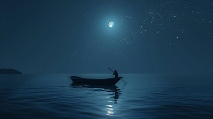 Bathed in the soft luminescence of multiple moons, a solitary boat glides effortlessly across a calm sea. - obrazy, fototapety, plakaty
