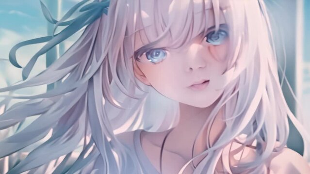 Anime-style portrait of a girl with blue eyes and white hair. Digital close-up
