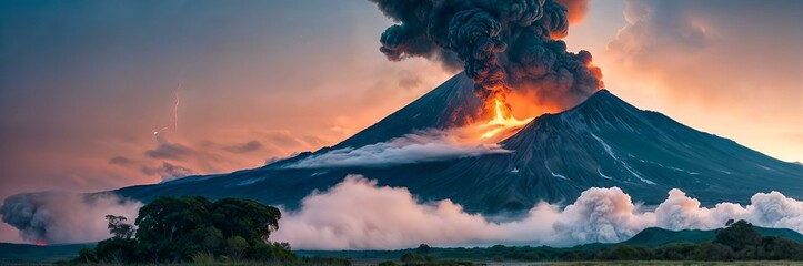 A volcano erupts, spewing lava and ash high into the air.