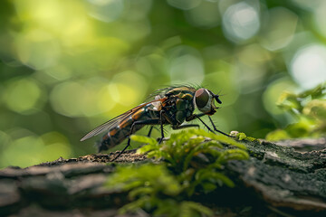 a close up of a fly sitting on a tree branch with green moss growing on it's side and a blurry background of trees and leaves in the background.