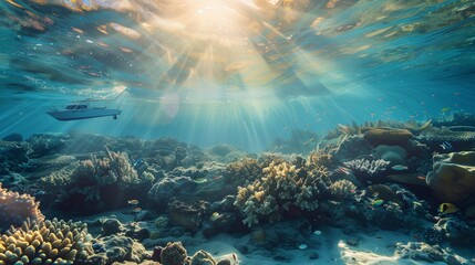 Beneath the surface of crystal-clear waters, a vibrant coral reef teems with life, providing a...
