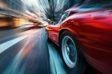 Racing car blur art photography,  a slow motion camera art photography of a speedy car on blurred city background. A modern car in high speed, a contemporary fast car ai generated illustration - obrazy, fototapety, plakaty