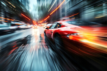 Racing car blur art photography,  a slow motion camera art photography of a sport car on blurred background. A modern car in high speed, a contemporary fast car ai generated illustration - obrazy, fototapety, plakaty