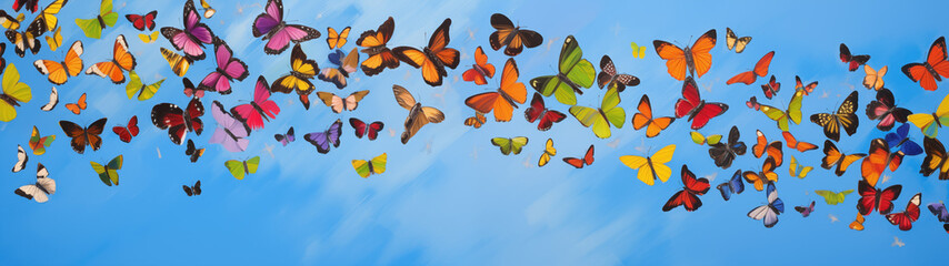 Colorful Butterfly Flock in Blue Skies Illustration