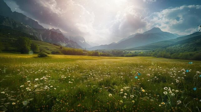 Scene of a grassland with a mountain as a background in the afternoon, animation video looping motion