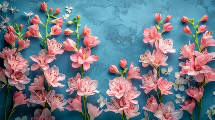 Obraz na płótnie Canvas Group of Pink Flowers on Blue Background