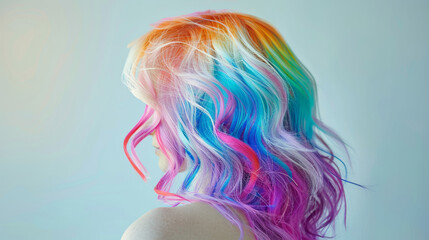Side View of Wavy Rainbow Hair. Diversity and informal self-expression. Pride day