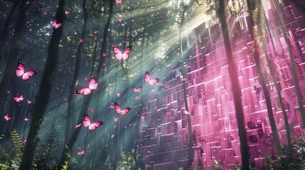 Deep within a mystical forest, a magical 3D mosaic tile brick wall emerges, covered in a mesmerizing pink bubble pattern.