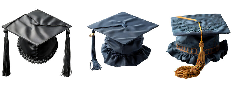 Graduates cap, university or college student hat in different view. Black mortarboard with yellow ribbon and tassel isolated on white background, 3d render illustration