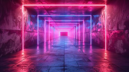 Fototapeta premium Realistic 3D rendering presents a sci-fi underground garage wall adorned with neon lights and graffiti in blue and purple hues.