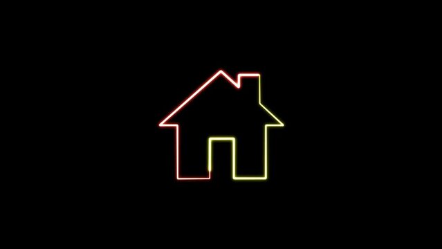 Neon glowing Home button, Home icon, house sign animation. neon home icon blinks animation.  Led Light of House Building animation.