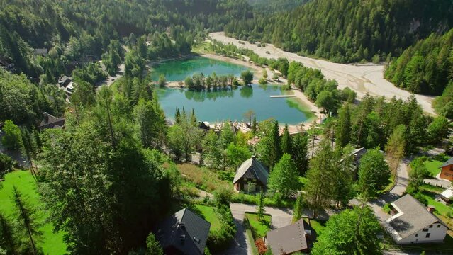 Aerial view of Jasna Lake in Kranjska Gora, Julian Alps, Slovenia
