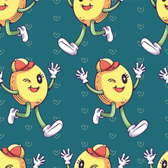 Seamless pattern of cute groovy cartoon lemon. Cartoon retro lemon with a smiling face. Pattern for fabric and wrapping paper, Pattern for design wallpaper and fashion prints.