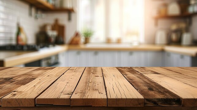 An empty beautiful wooden countertop and a blurred background of the interior of a modern kitchen. Product layout, product demonstration. Mockup. Captivating kitchen backdrop.