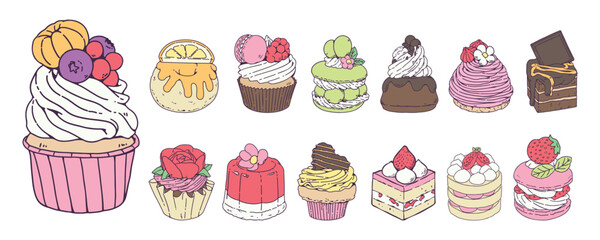 Various types of cakes on the line, Beautiful dessert outline Illustration. Hand Painted Doodle food. Collection of sweet cake. Perfect for food business, Patterns on various products and many others.