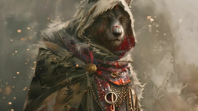 Anthropomorphic wolf warrior in tribal attire. Digital art of a fantasy character with mystical symbols.