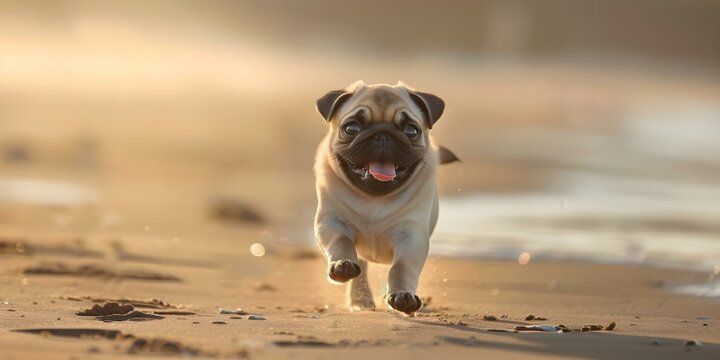 A Pug frolicking on the beach. Concept Pug, Beach, Frolicking, Pet Photography, Outdoor Activities