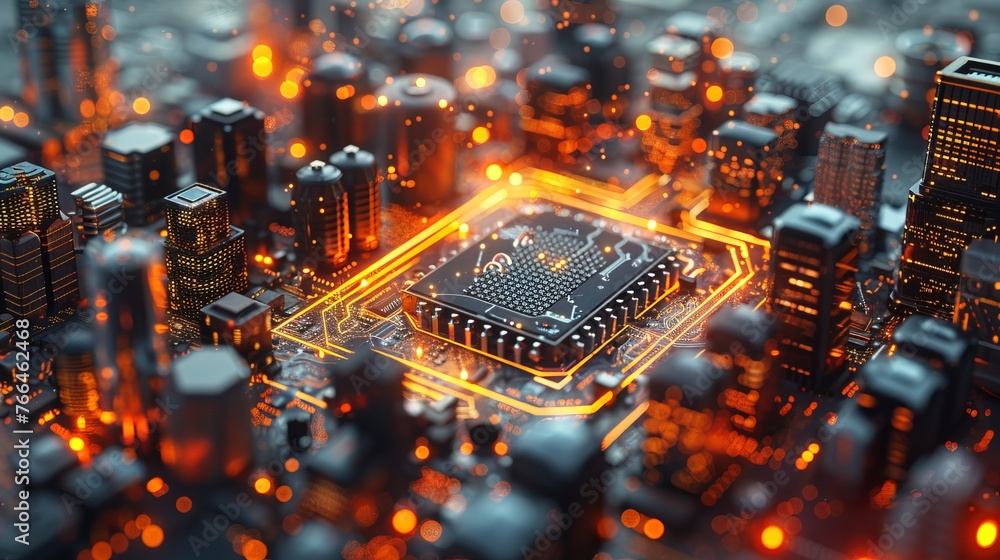 Poster smart chip processor illustration featuring buildings, symbolizing big data connection technology co