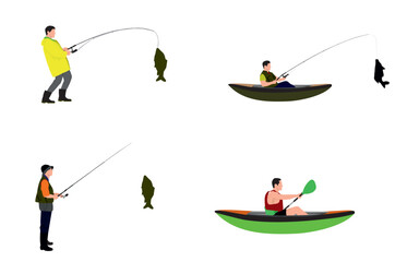 Set of fisherman. Fishermen in canoe or kayak holding fishing rod fish. Fisher with fish, fishing accessory, hobby angling vacation vector characters. Fishing catch, hobby leisure activity. 
