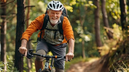 Close-up of a senior mans determined expression as he rides his mountain bike uphill