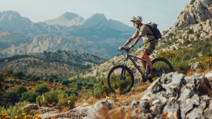 Obraz premium Senior man navigating through a rocky path on his mountain bike with a backdrop of scenic mountains