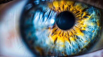 Macro shot of a human eye, showing the intricate patterns of the iris and the reflection of light