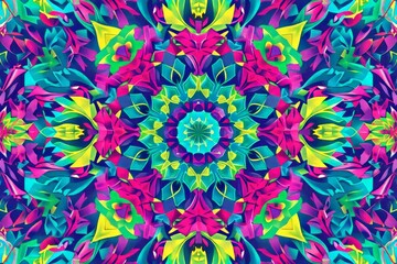 Fototapeta na wymiar mandala mosaic fractal psychedelic symmetrical pattern illustration in vibrant neon colors. 