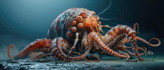 A dramatic 3D visualization of a giant isopod caught in a battle with a deepsea octopus, tentacles and armored legs entwined in a display of underwater combat 