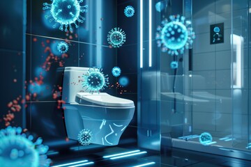 3D image of holographic viruses hovering around a smart toilet in a hightech bathroom, integrating the concept of advanced hygiene solutions with the ongoing presence of contamination risks - obrazy, fototapety, plakaty