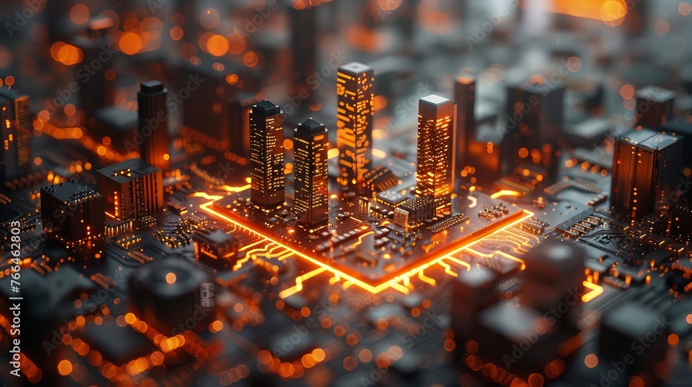 Poster smart chip processor illustration featuring buildings, symbolizing big data connection technology co