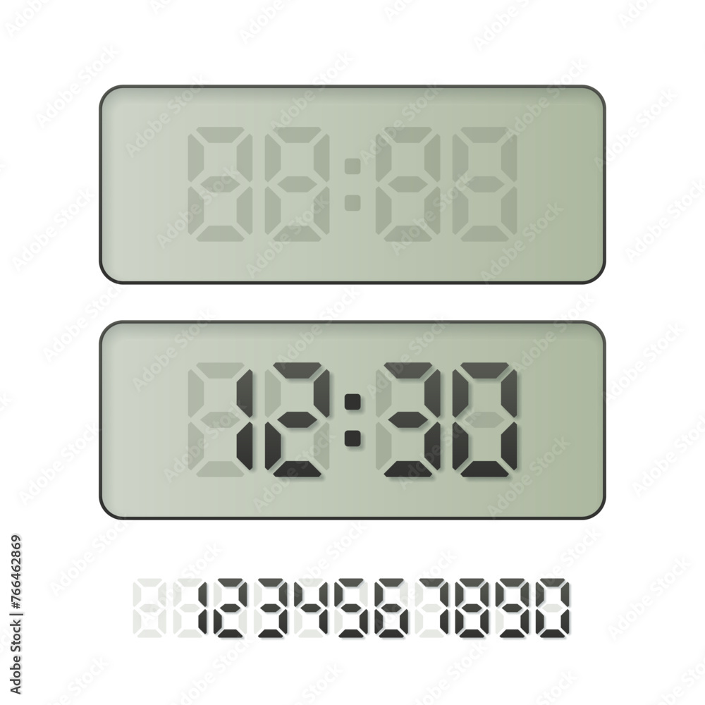 Poster digital clock vector illustration. electronic watch with hours and minutes. alarm timer, countdown, 