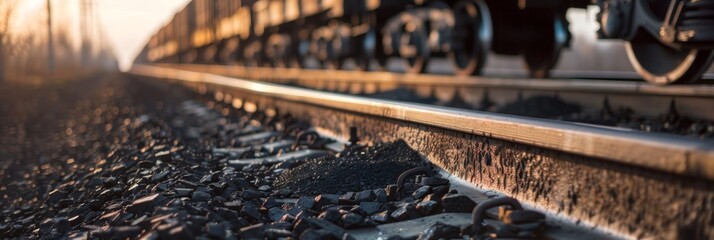 Close-up of a locomotive transporting freight cars loaded with coal along the railroad tracks