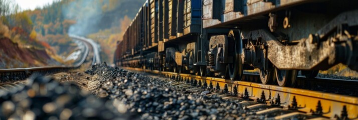Close-up of a locomotive transporting freight cars loaded with coal along the railroad tracks - obrazy, fototapety, plakaty