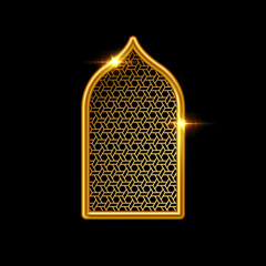 Islam window with pattern vector illustration isolated on black background. Oriental ornament, traditional Arabian design elements of decor, muslim gold frame - obrazy, fototapety, plakaty