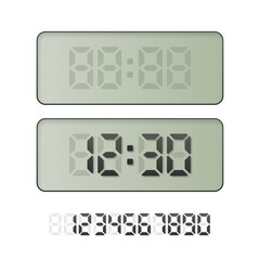 Digital clock vector illustration. Electronic watch with hours and minutes. Alarm timer, countdown, time display with numbers