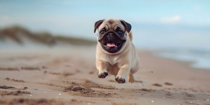 A Playful Pug Enjoying a Run on the Beach. Concept Pets, Beach, Dogs, Running, Playful
