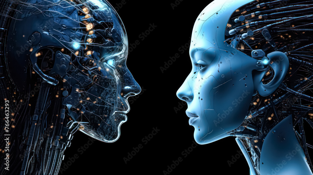 Poster two computer generated faces are staring at each other