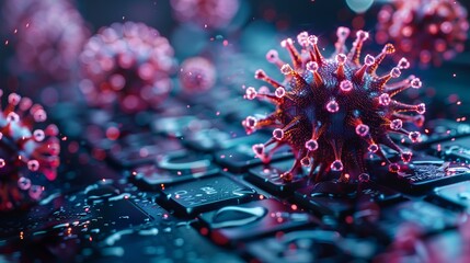 Symbolic image of optical fibers resembling a virus attacking a computer system. - obrazy, fototapety, plakaty
