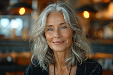 Obraz premium A woman with gray hair and a smile on her face. Happy mature gray haired woman face portrait. Beautiful mid age caucasian woman model, blurred restaurant background. Aged lady lifestyle