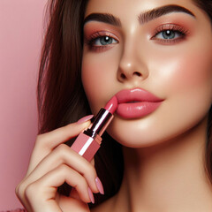 Portrait of a beautiful girl model with makeup, paints her lips with lipstick.