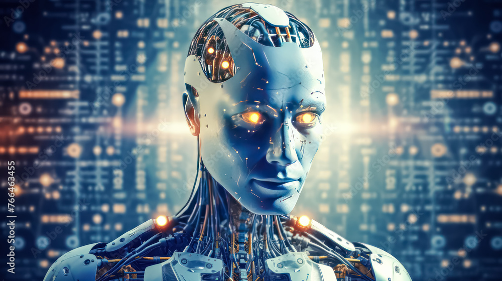 Poster a robot with a face made of wires and circuits