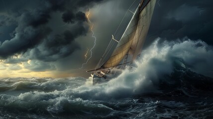In the heart of a stormy sea, a sturdy fishing boat battles against towering waves, its sails...